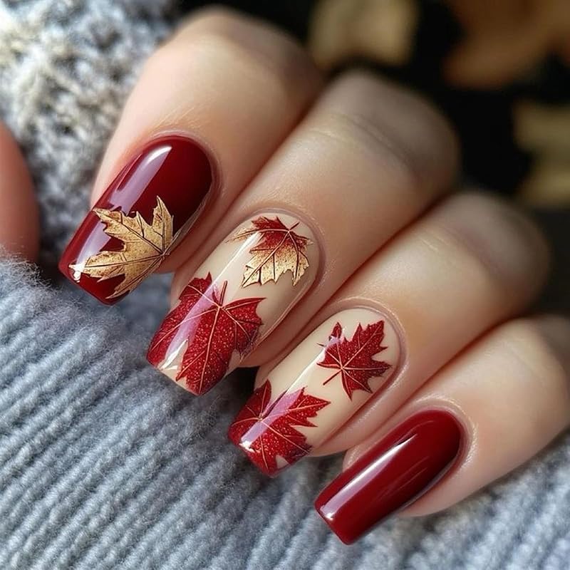Maple Leaf Press on Nails Fall Leaves Stick on Fingernails Thanksgiving Short Square False Nails 24Pcs Glossy Silver Glitter Acrylic Fake Nail Autumn