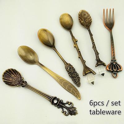 6 Pcs Royal Antique European Style Vintage Flower Carved Coffee Tea Scoop Spoons Fork Tableware
