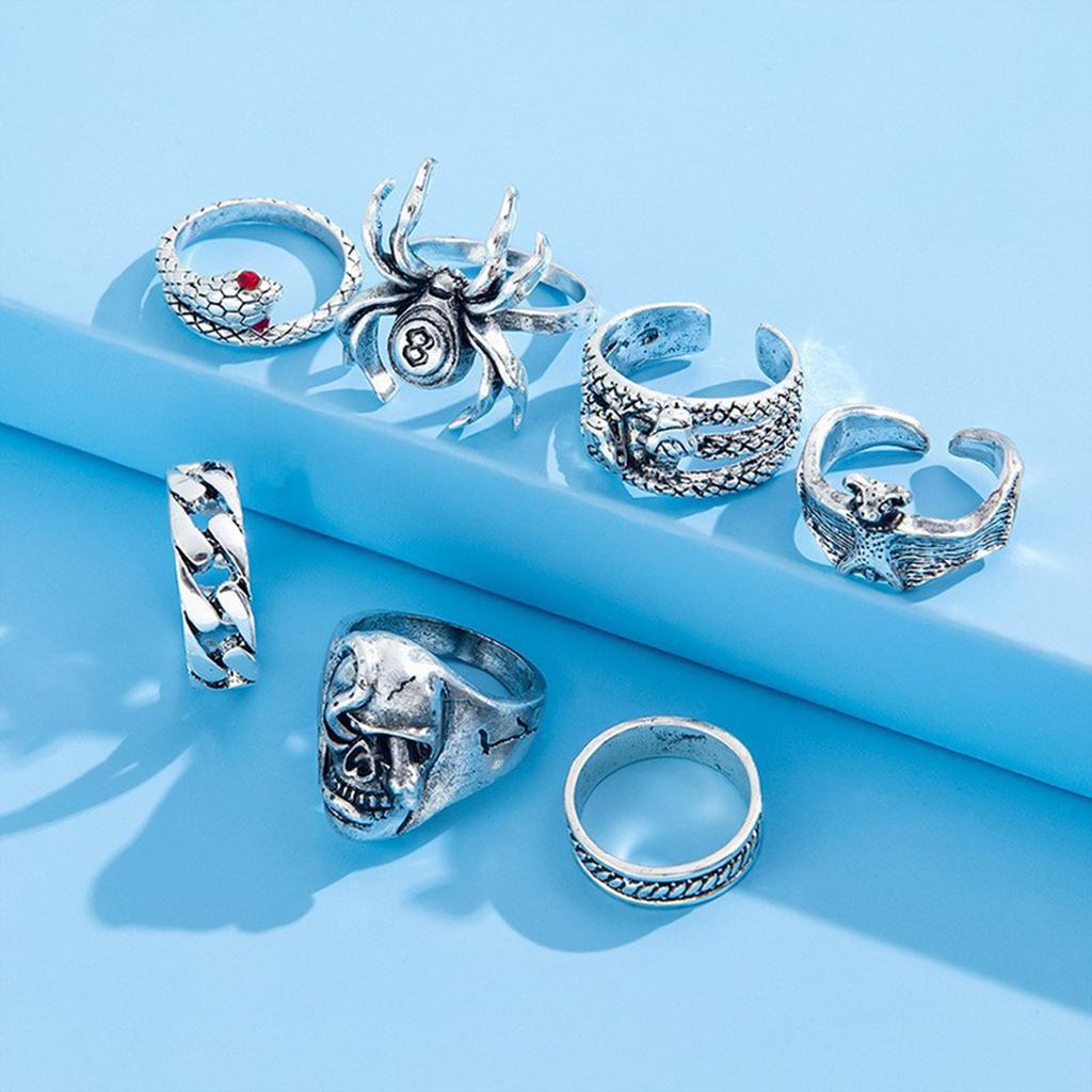 Inel hip-hop nou, din șapte piese, heavy metal, vânt întunecat, șarpe păianjen vechi, craniu de liliac, inel de șarpe cu două capete