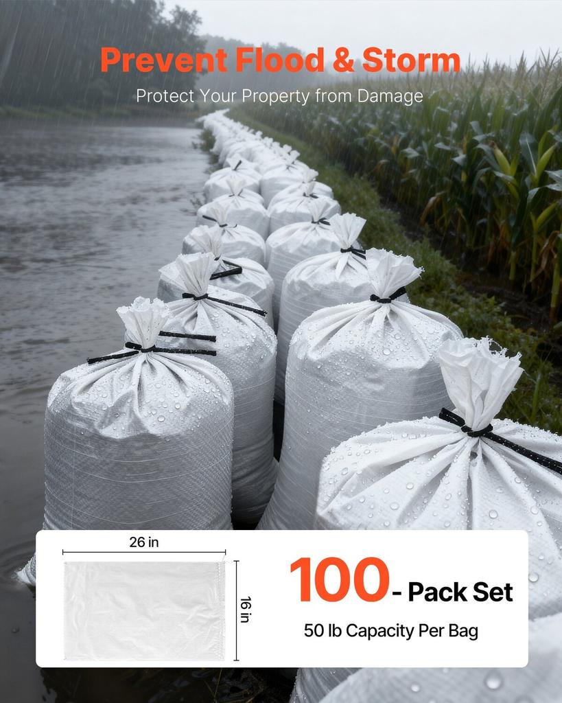 Empty Sandbags, 100 Packs 40 X 66 Cm, Heavy Duty Sand Bags Sacks with Ties, 22.6kg Capacity Woven Polypropylene Sandbags, Tear-Resistant &