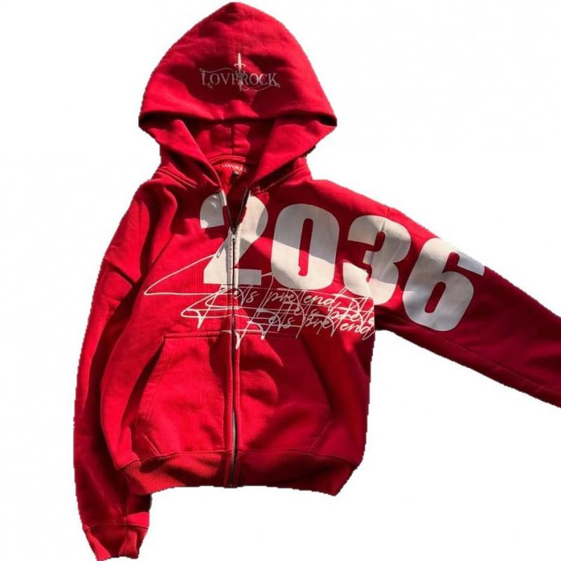 Red Zip-Up Hooded Sweatshirt Women Streetwear Oversized Casual Pullover Urban Hip Hop Style