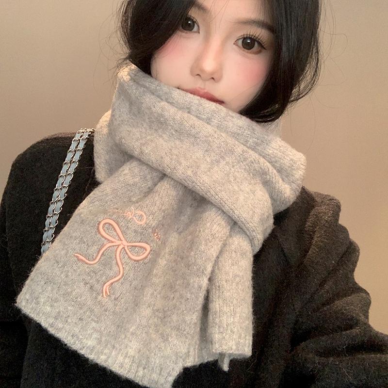 2025 Winter  College Style Imitation Cashmere Scarf Solid Color  Embroidered Bow Couple Scarf