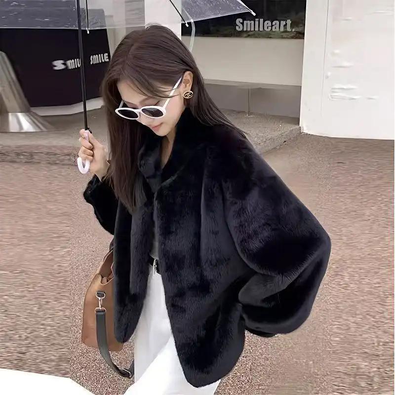 Women's Beige Faux Mink Fur Cropped Jacket Casual Soft Warm Winter Coat Thickened and Versatile