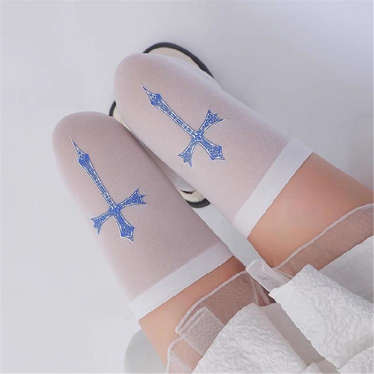 Women's Crucifix Print Thigh High Stockings Nylon Stockings Over the Knee Socks Halloween Cosplay Costumes Party Tights