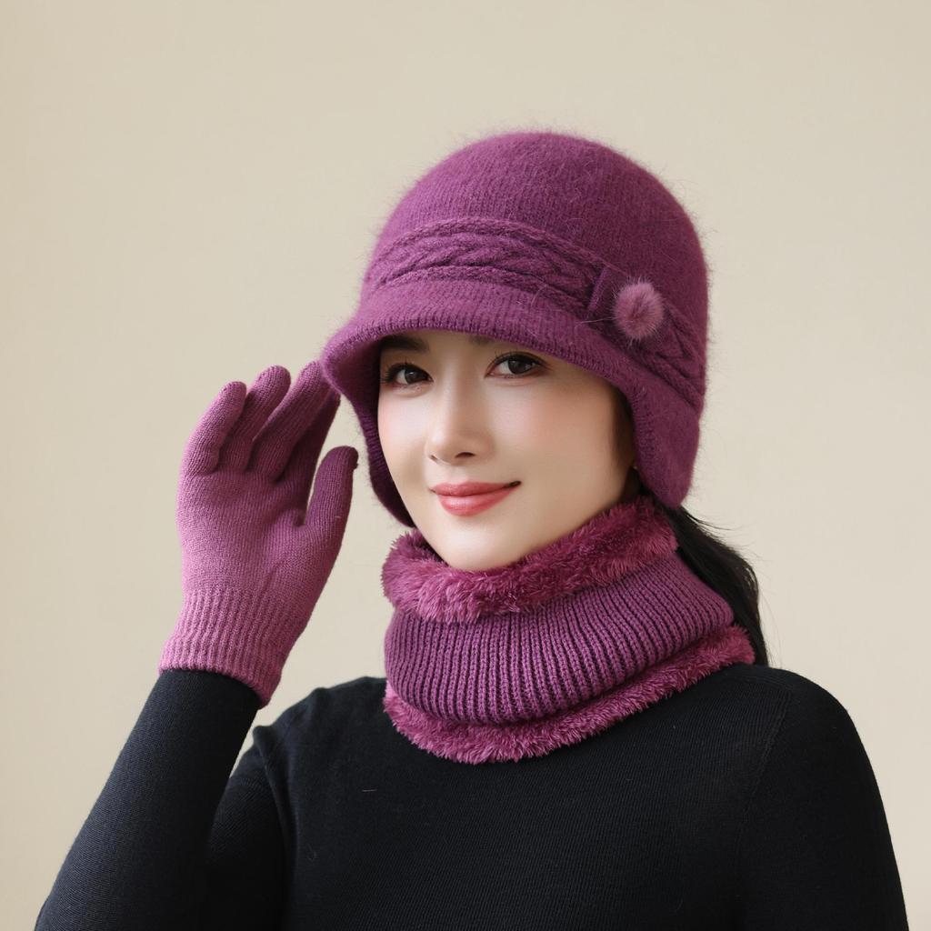 Hat Winter Knitted Rabbit Fur Scarf Set Mom Middle-aged Old Lady Home Lover Cold Protection Grandma