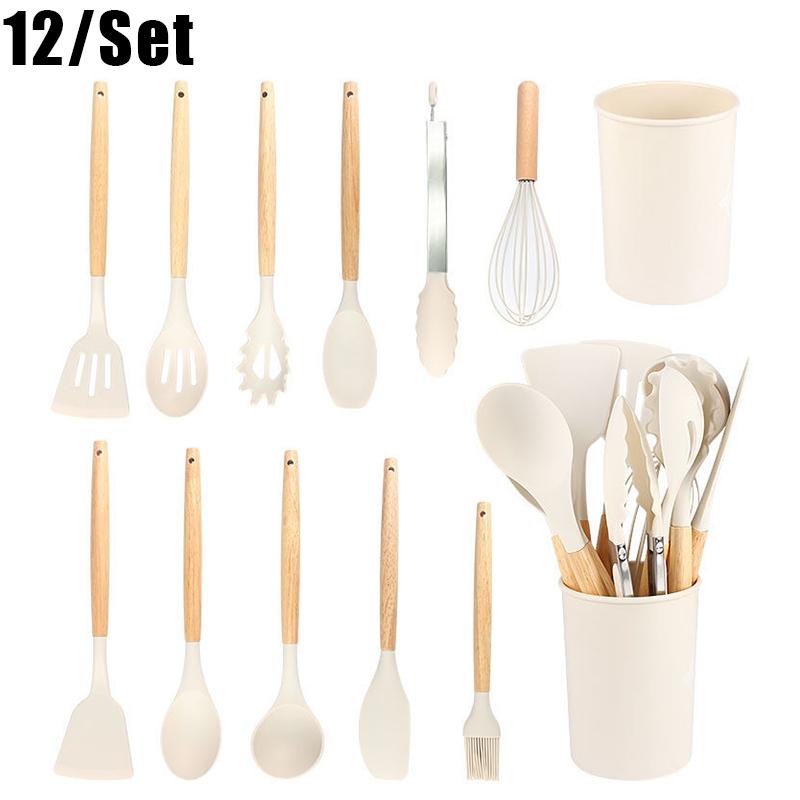 Conjunto de 12 Utensílios de Cozinha com Cabo de Madeira, Silicone Resistente ao Calor, Anti-riscos e Livre de BPA