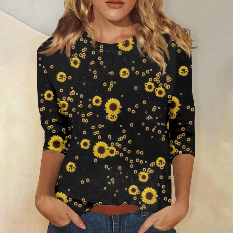 

Women s floral print fashionable casual round neck long sleeved shirt XL