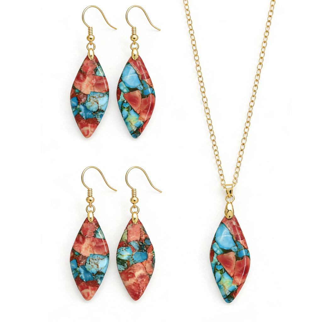 Exclusive Natural Stone Plated 18K Real Gold Chain Pendant Necklace Earrings Jewelry