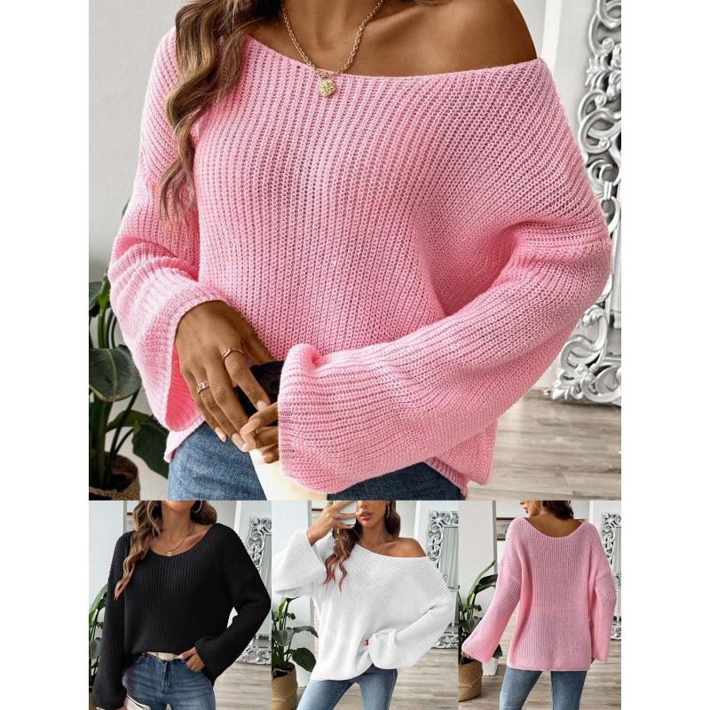 Women's Pullover Sweater Top Simple Loose Off-Shoulder Bell Sleeve Sweater