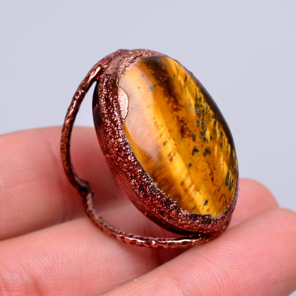 Tiger Eye Stone Eternity Electroformed Sacral Chakra Sisters Gift Ring Copper V-68