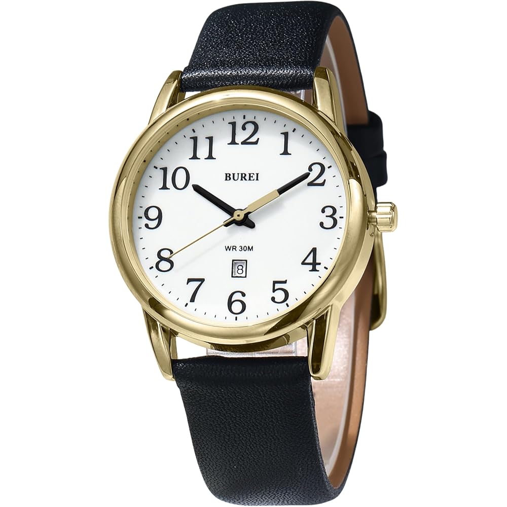BUREI Women s Analog Quartz Watch Gold Black Leather Simple Waterproof Date Display Casual Business Gift