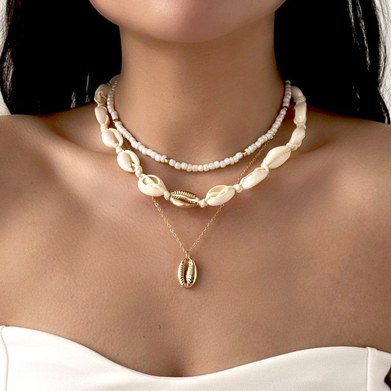 Bohemian Handmade Braided Beaded Seashell Starfish Pendant Clavicle Chain Necklace Women Beach Vacation Jewelry Accessories