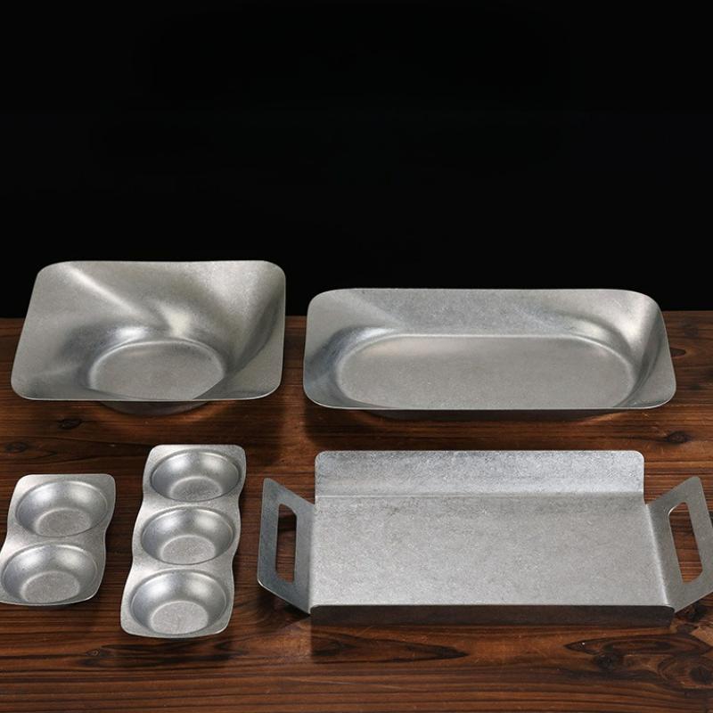 Vintage Stainless Steel Plates Dinnerware Korean Style Barbecue Household Hotel Restaurant Small Plate Sauce Dish Tray Tableware