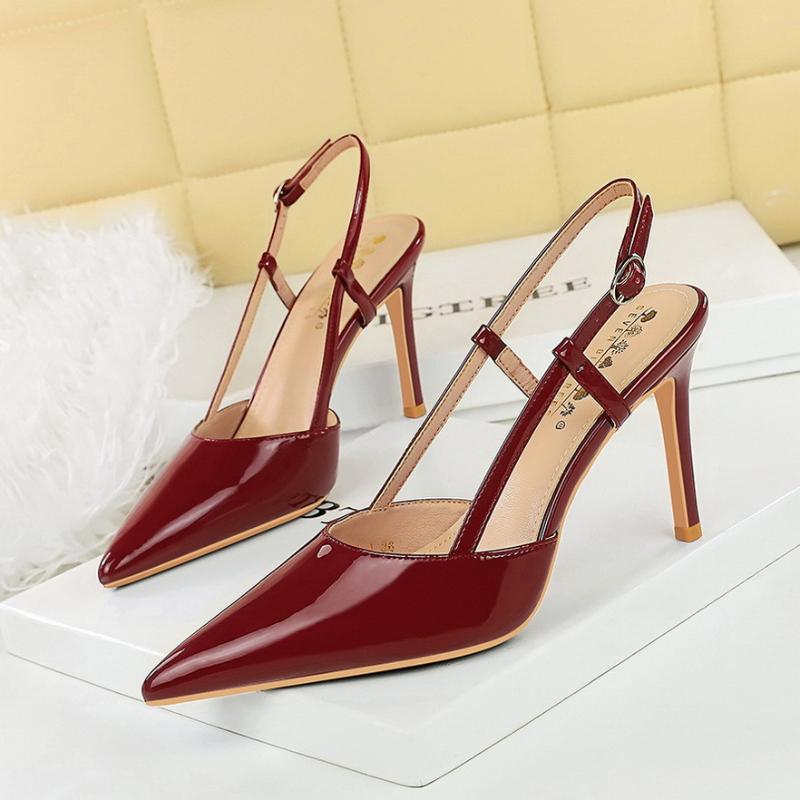 

European And American Simple Hollow Pointed High Heels Thin Heel Patent Leather Back Tripping With Shallow Mouth Singles Shoes 36