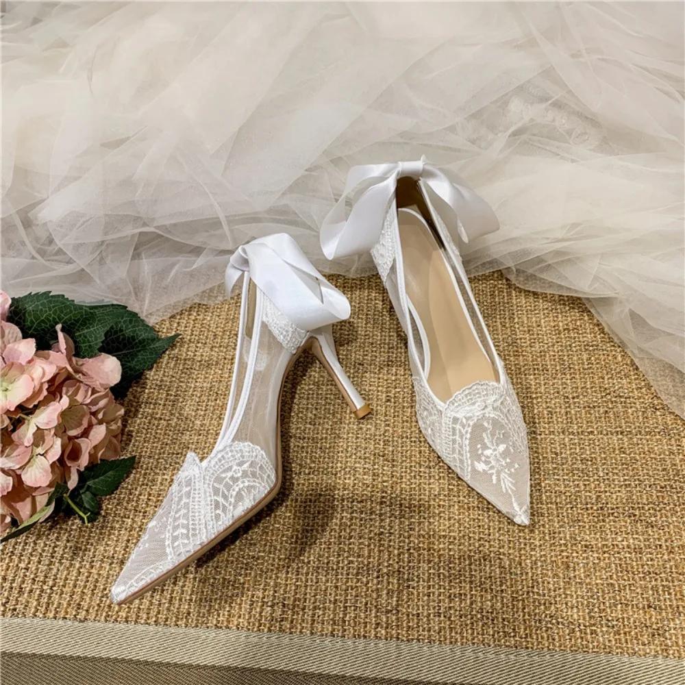 Fashion White Heels French Dress Wedding Shoes Lace Bridesmaid Shoes White Pointed High Heels Women's Stiletto Design Bridal Shoes