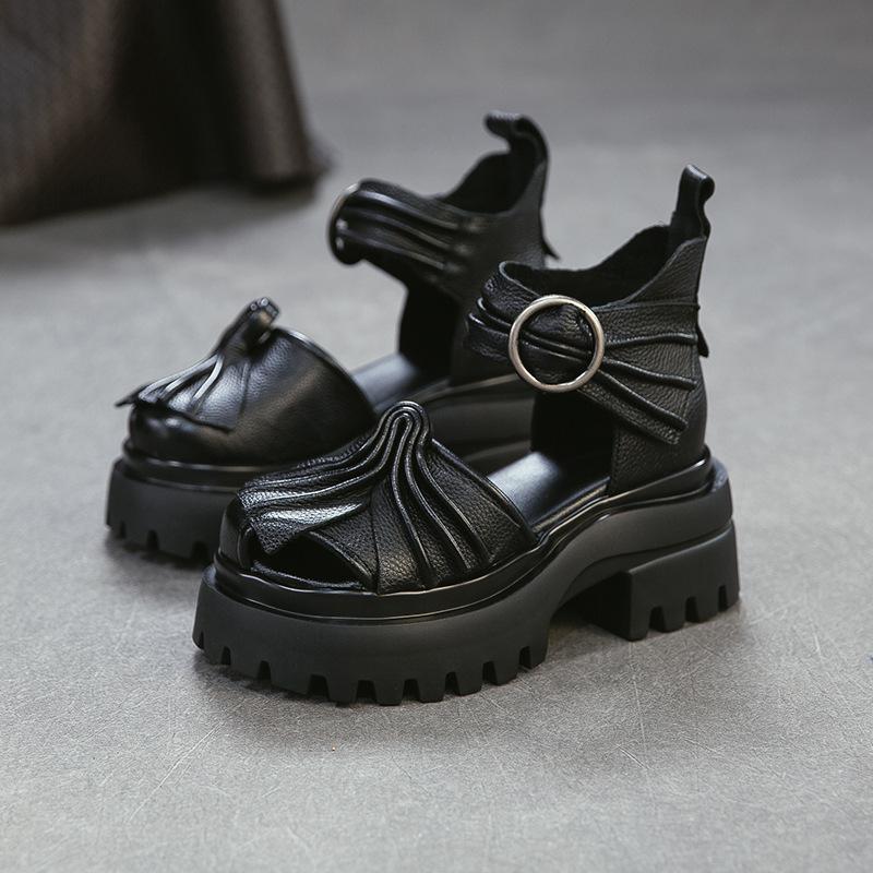 Johnature Genuine Leather Retro Pleated Thick Soled Sandals Comfortable And Breathable Women's Shoes