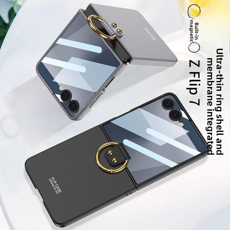 Magnetic for Samsung Z Flip 7 with Ring Stand and Tempered Protective Film Ultrathin Phone Case Cover for Samsung Galaxy ZFlip 7
