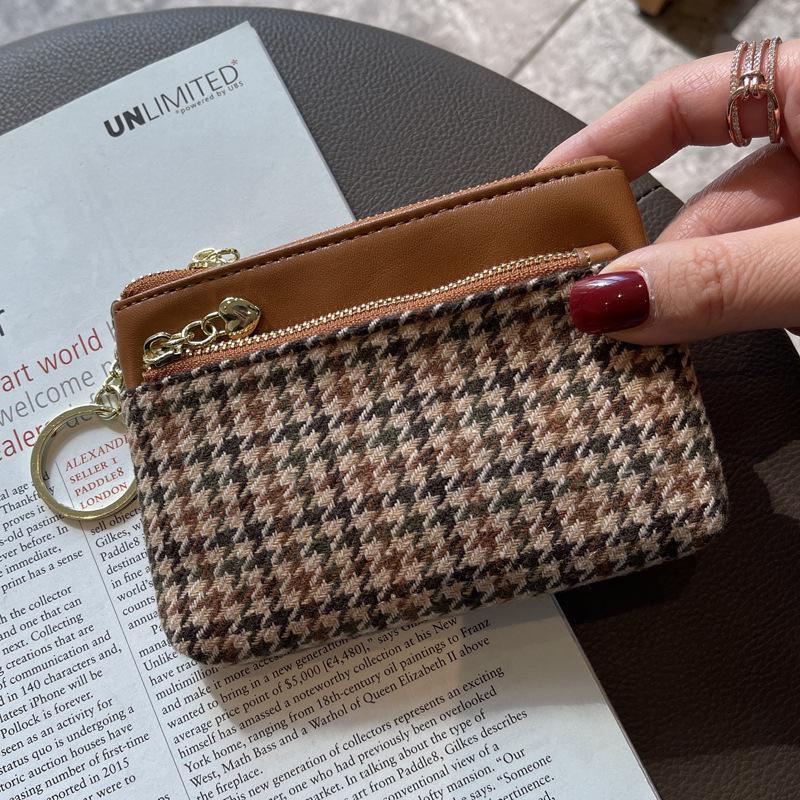 

Модный кошелек для монет с узором «гусиные лапки», женские мини-кошельки из натуральной кожи для ключей, ID, кредитных визитных карточек, три молнии, сумка-держатель для карт коричневый