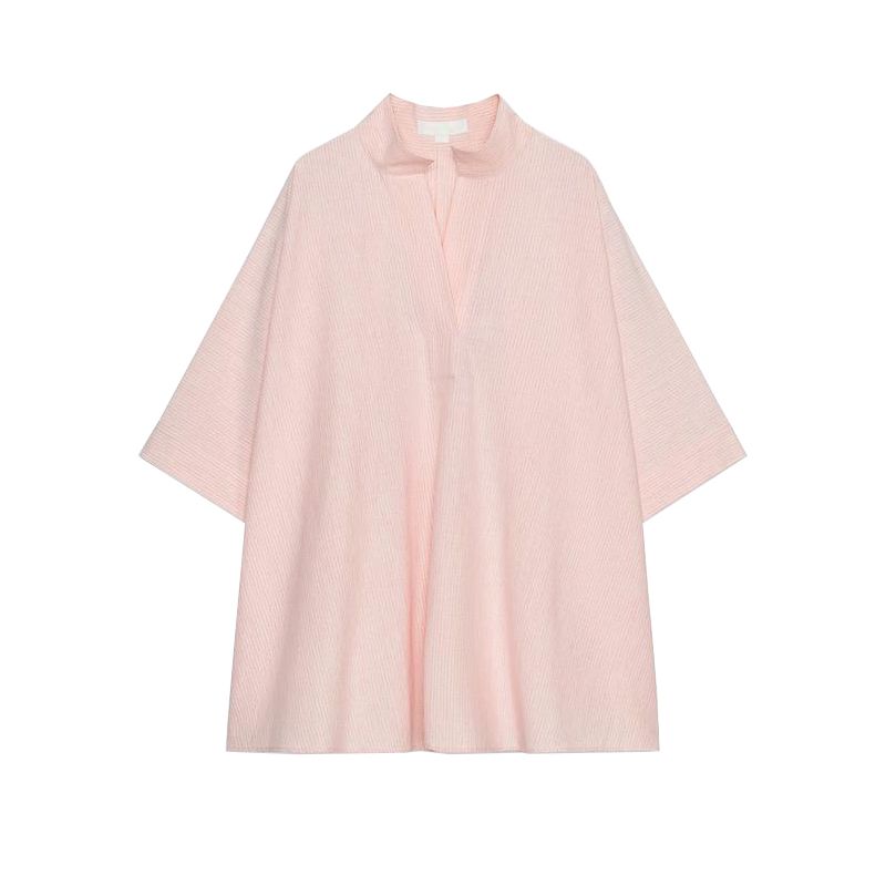 Summer Women's Viscose Blend Pleated Decorative Turtleneck Stripes Loose Cape-Style Shirt 3848183