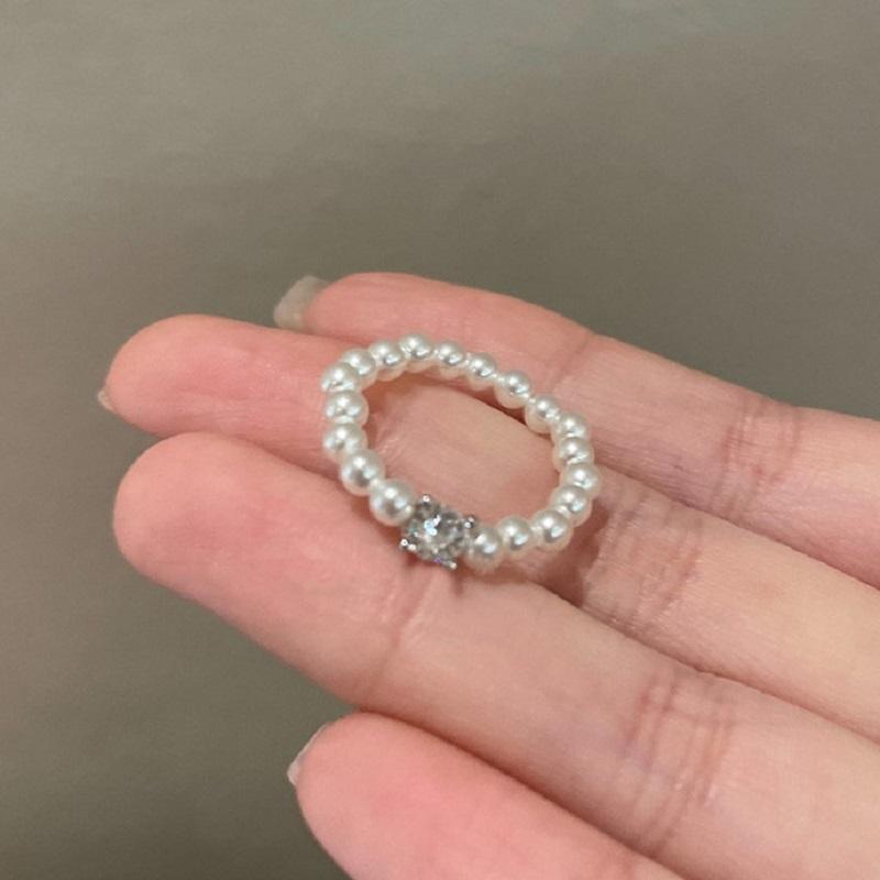 Fashion Zinc Alloy Color Pearl Chain Cuff Ring For Women Couples Simple Metal Double-Layer Adjustable Ring Bride Zircon Gifts