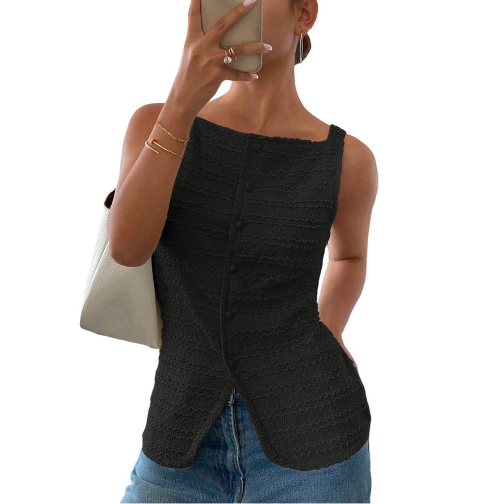 Top Colete Feminino Fashion Colorido de Botão Único Gola Redonda Sem Mangas Slim Fit