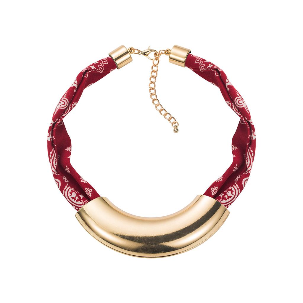 Retro Geometric Fabric Metal Necklace, Exaggerated Temperament Leopard Print Design Sense Collarbone Chain