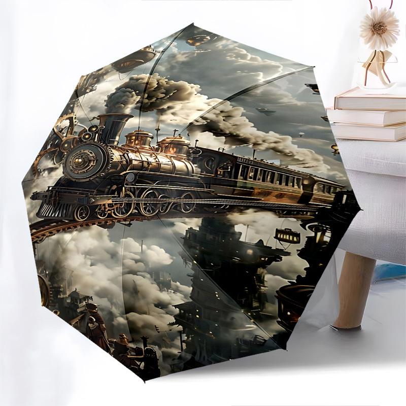 Steampunk, Himmelszug-Thema, Automatischer Öffnungs- und Schließschirm, Helle Farbe, 8-Speichen, Tragbarer Schirm, Geeignet für Männer und Frauen, Ein P