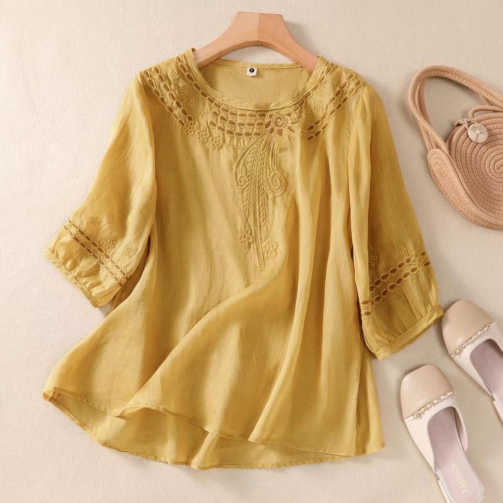 Women Summer Vintage Cotton Linen Embroidery Shirts Oversized Loose Round Neck Tops T-shirts
