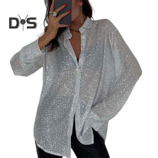 

Женская рубашка с пайетками на пуговицах, с длинным рукавом и лацканами, блестящая блузка, женская повседневная свободная посадка для работы, отдыха и повседневной носки S серебряный