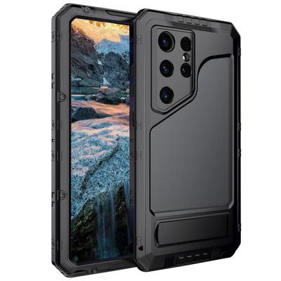 For Samsung Galaxy S24 Ultra Case Silicone+Aluminium Alloy Kickstand IP68 Waterproof Cover with Screen Film