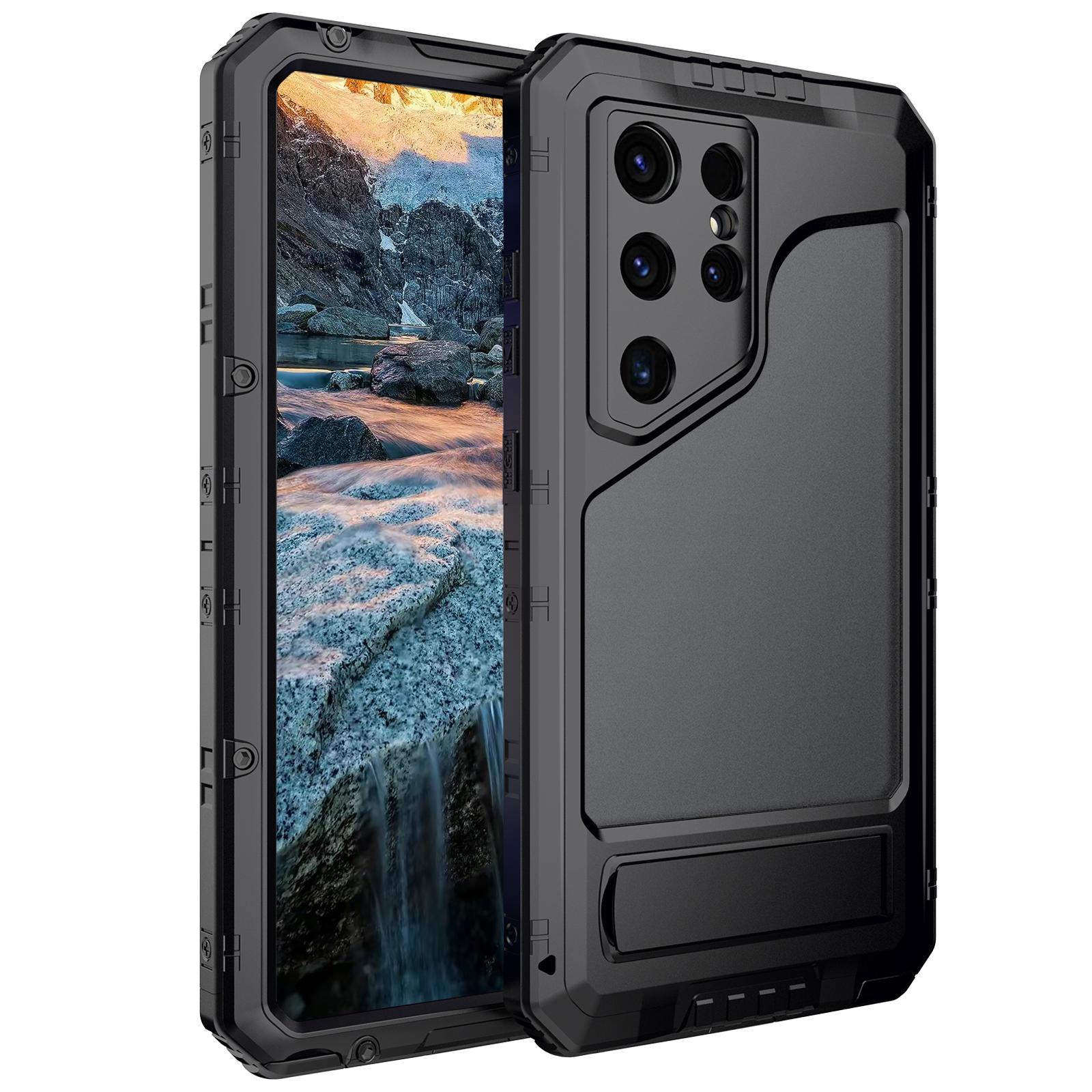 

For Samsung Galaxy S24 Ultra Case Silicone+Aluminium Alloy Kickstand IP68 Waterproof Cover with Screen Film Black