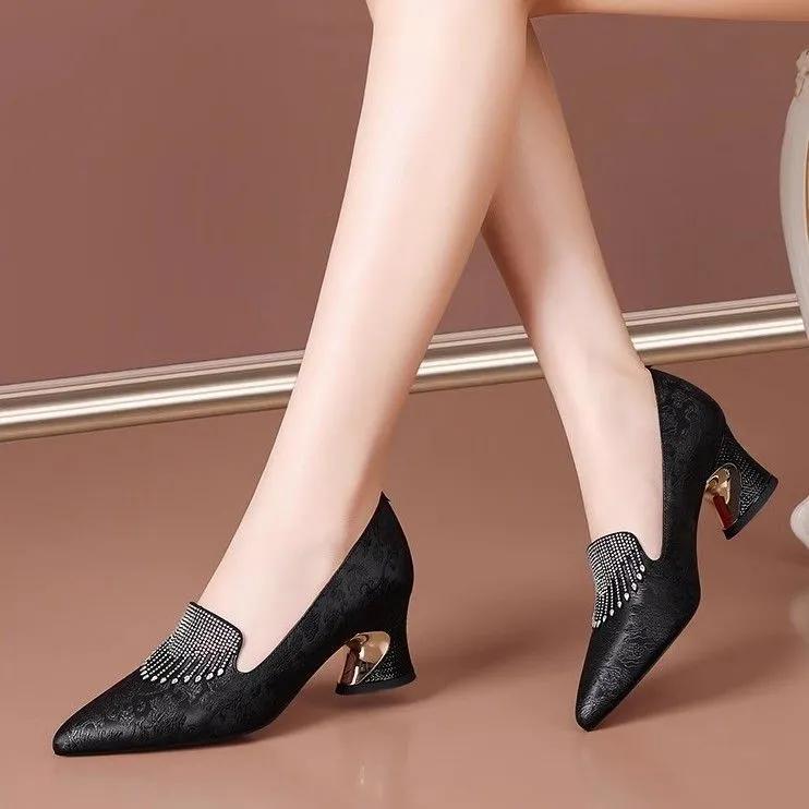 zapato negro tacon women fashion sweet comfort spring slip on high heel shoes ladies casual navy blue high pumps a5751