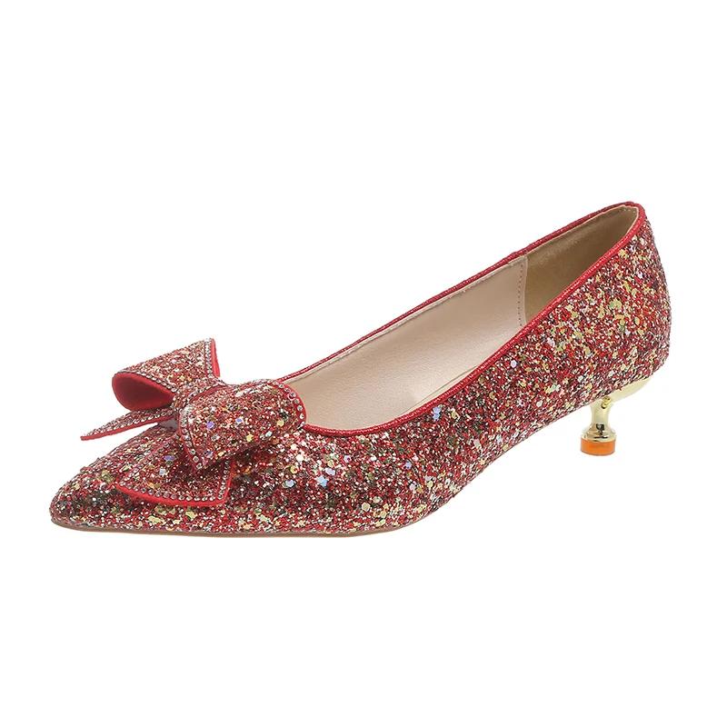 Fashion Women's Slim Heel Shoes Fall New Pointy Shallow Mouth Butterfly Knot Sequin Non-slip Temperament Low Top Shoes