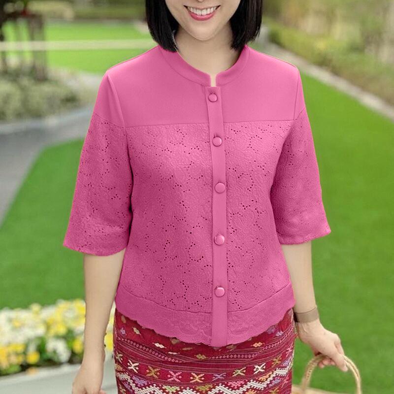 

ZANZEA Women Casual Round Neck 3/4 Sleeve Loose Retro Embroidery Blouse S темно-розовый