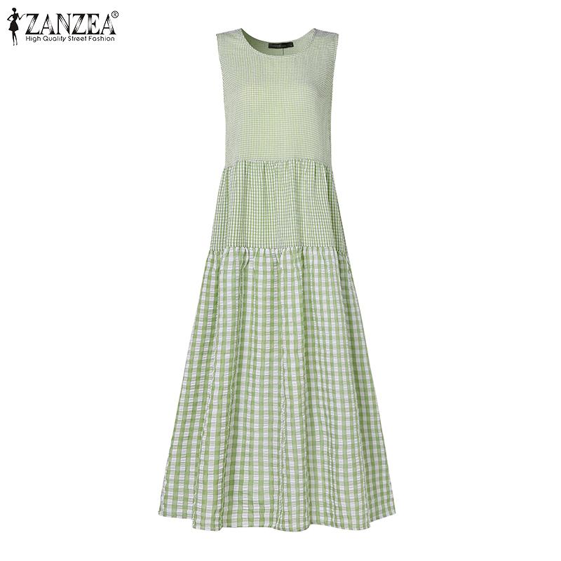 ZANZEA Women Summer Round Neck Sleeveless Grid Print Dress