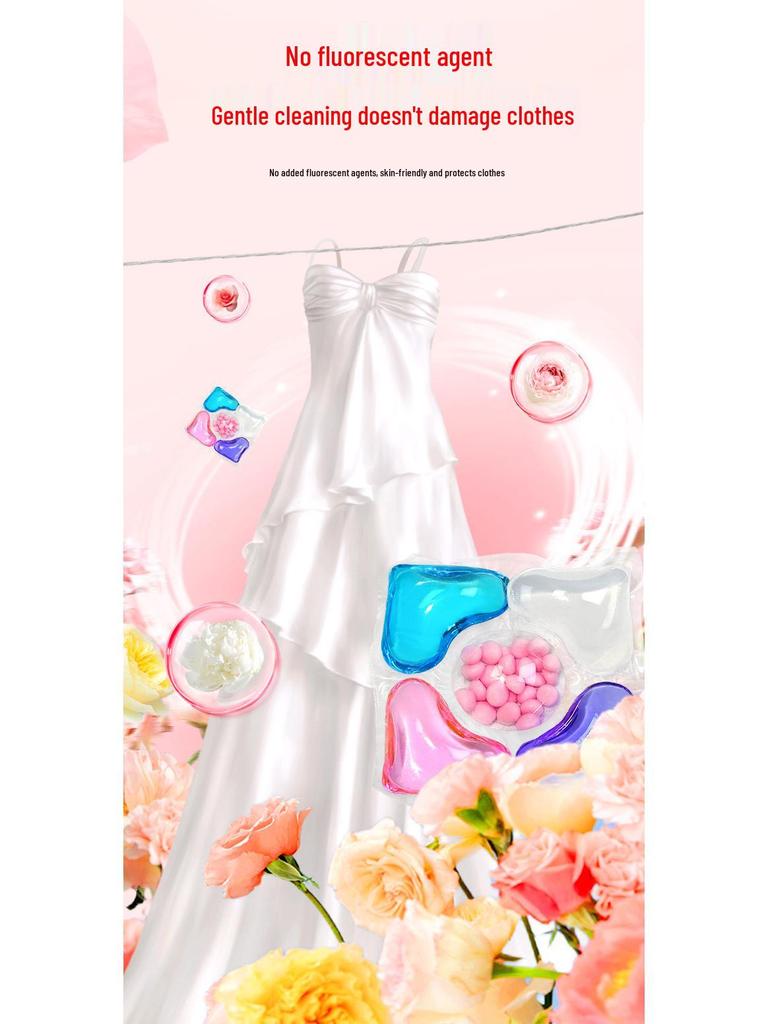 100-piece pack of five-in-one laundry pods with fragrance, softening, stain removal, and five-chamber design.