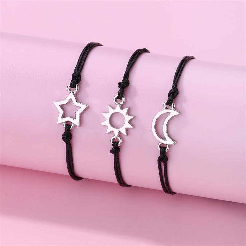 Sun Moon Stars Wax Cord Bracelet Set - Handmade 3-Piece for Friends & Couples