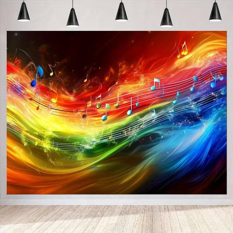 Rainbow Fire Music Notes Backdrop Vibrant Abstract Wave Studio Background