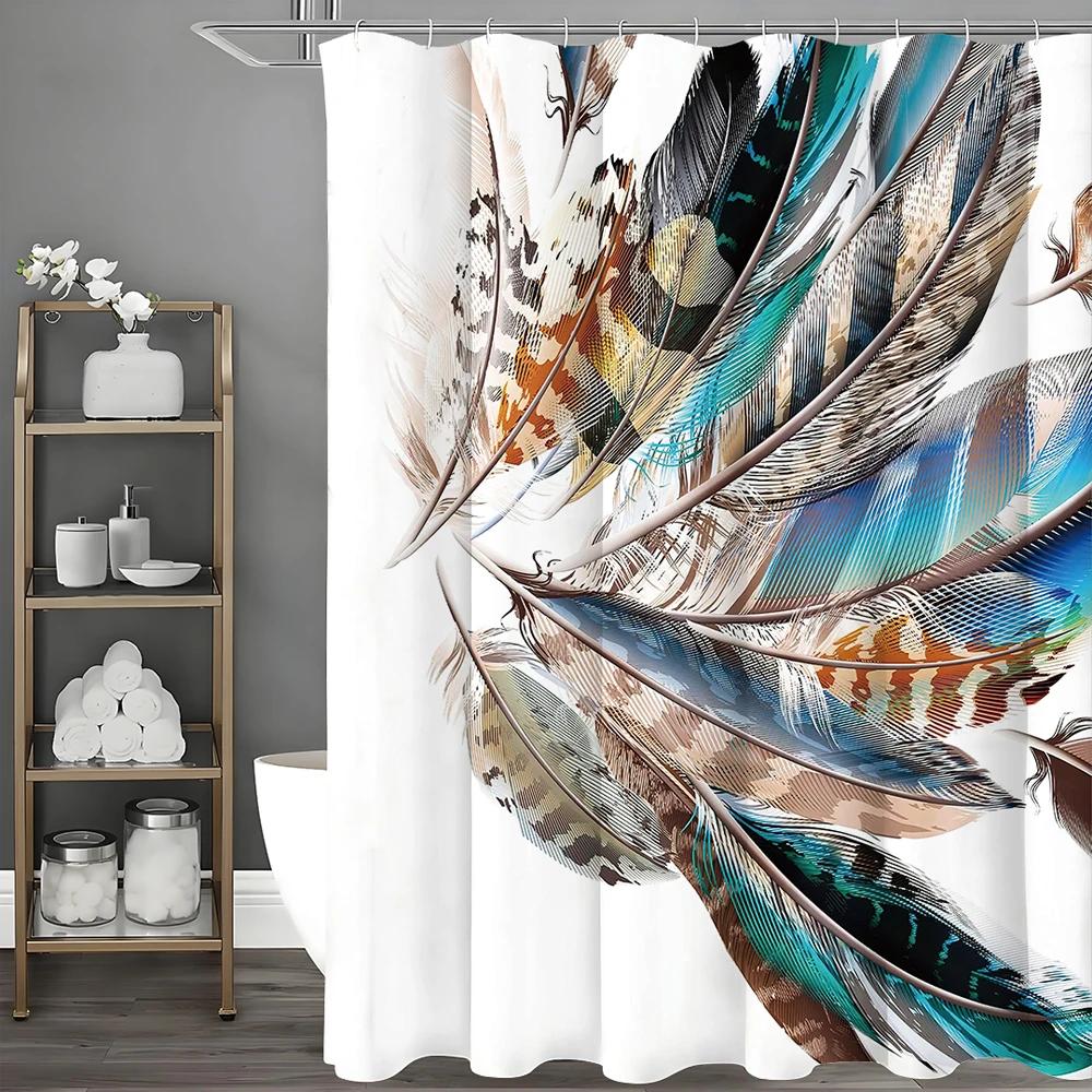 Colorful Feather Shower Curtain, Bathroom Decorative Shower Curtain, Waterproof Shower Curtain with Hooks