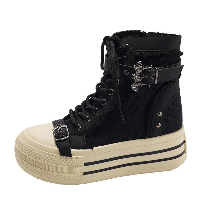 Popular retro high-end thick-soled little white shoes women's 2025 new autumn skirt heightening high-top canvas shoes
