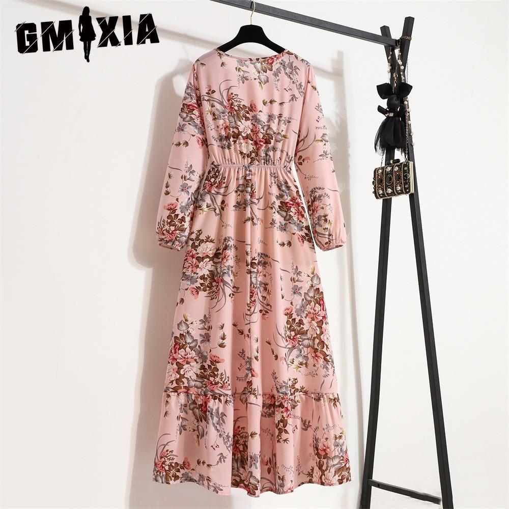 GMXIA Spring Summer Bohemian Women Maxi Dress Casual Long Sleeve High Waist Beach Dress Women Floral Chiffon Dresses Vestidoes Mujer New