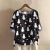 Camicia alla moda e casual da donna a maniche corte con scollo rotondo e stampa, blusa top in cotone e lino