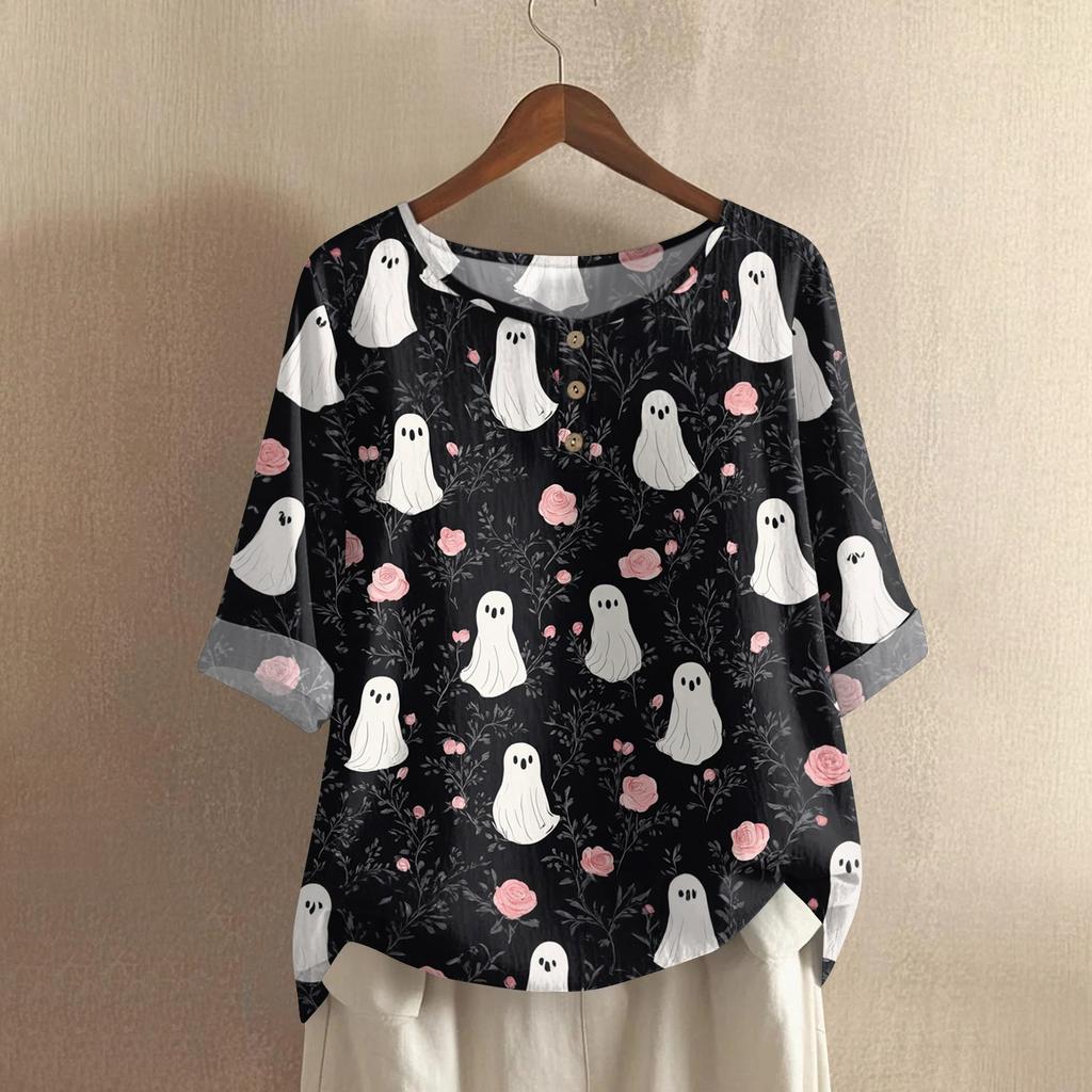 Camicia alla moda e casual da donna a maniche corte con scollo rotondo e stampa, blusa top in cotone e lino