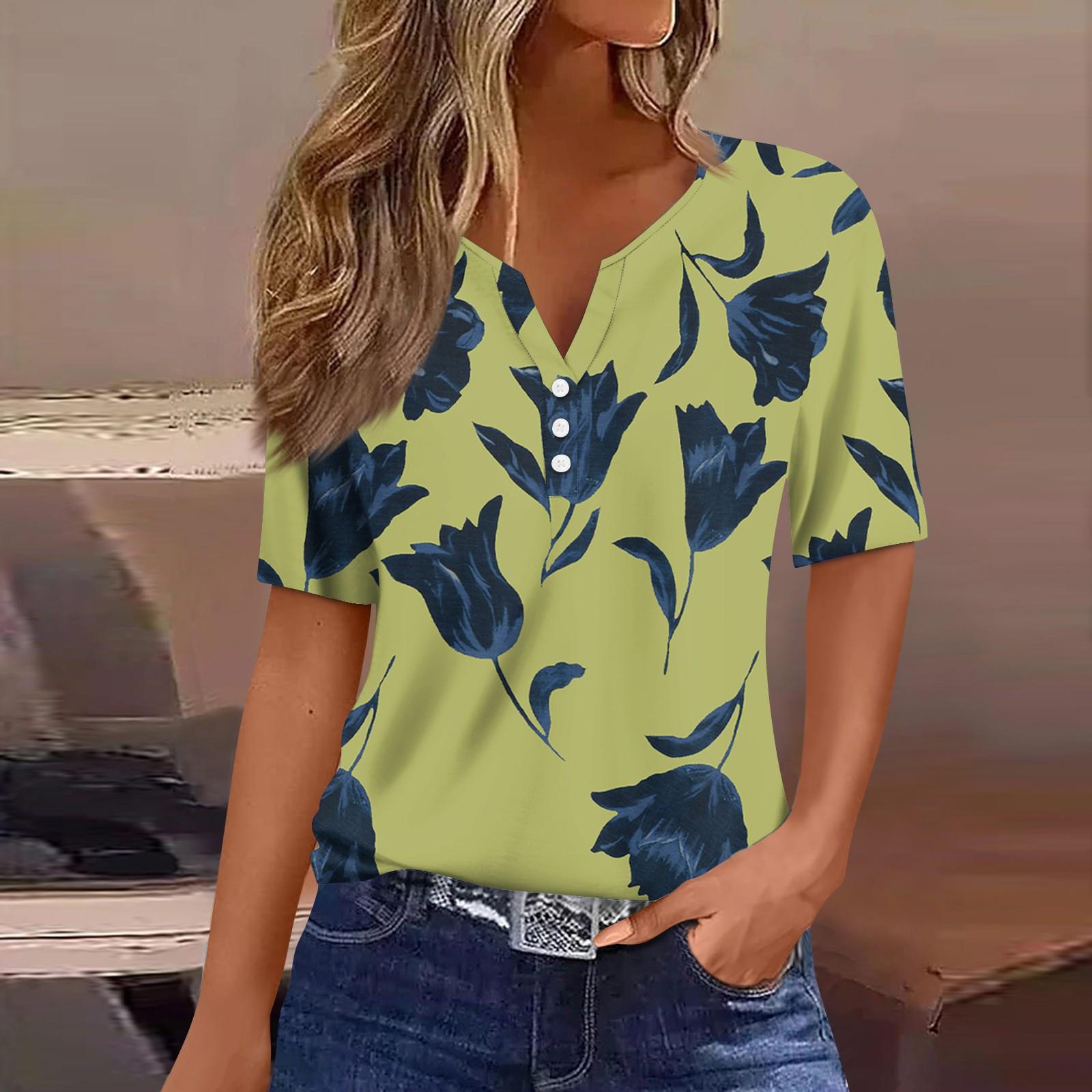 

Жіноча футболка з принтом на ґудзиках, з коротким рукавом, щоденна мода на вихідні, базовий V-подібний виріз, звичайний топ XL жовтий