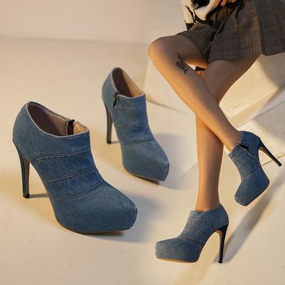 Spring and Autumn Footwear Stiletto High Heel Plus Large Size Round Head Side Zipper Splicing Single Shoes Women's Shoes