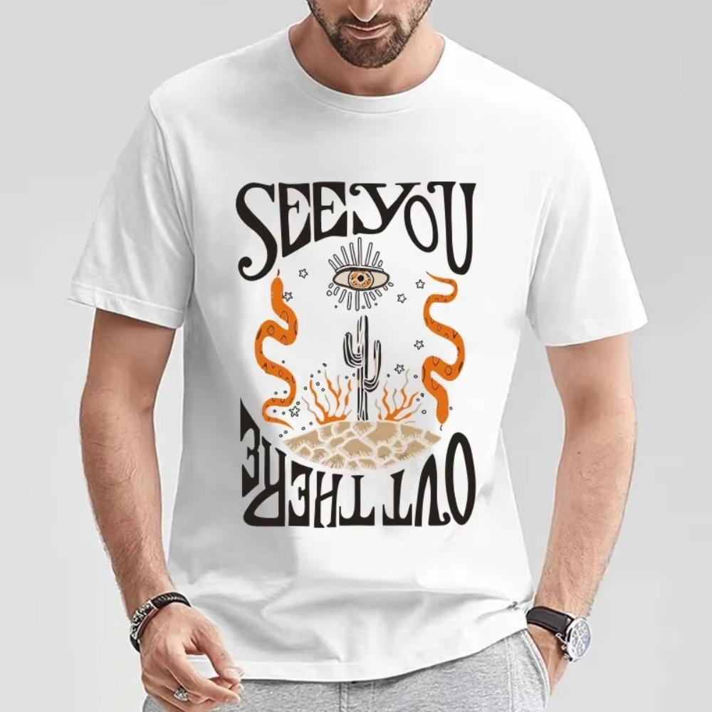 Men's Casual O-Neck Cactus Print T-Shirt Soft Fabric, Applique Details, Regular Fit, Knit Construction-Outdoor Activities Tees