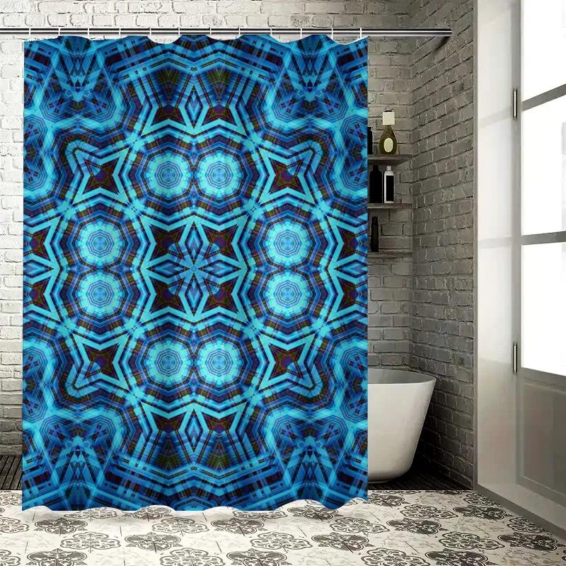 Blue Geometric Shower Curtain, Waterproof Fabric With Rod Pocket Design For Bathroom Decorations
