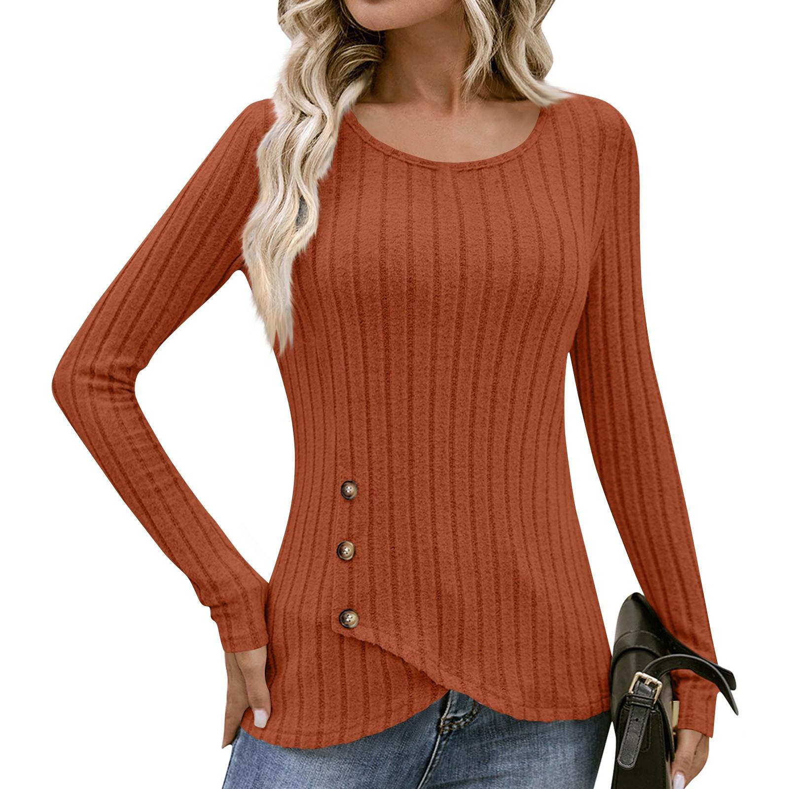 

Women s Fashion Casual Slim Solid Color Long Sleeve Round Neck Hem Split Decoration Button Top XL