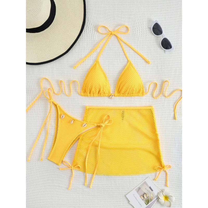 

Сексуальные бикини 2025 года, женские красные ракушки, сетчатая юбка, купальник из 3 предметов, летний купальный костюм, стринги, купальники для бассейна, бикини XL жёлтый