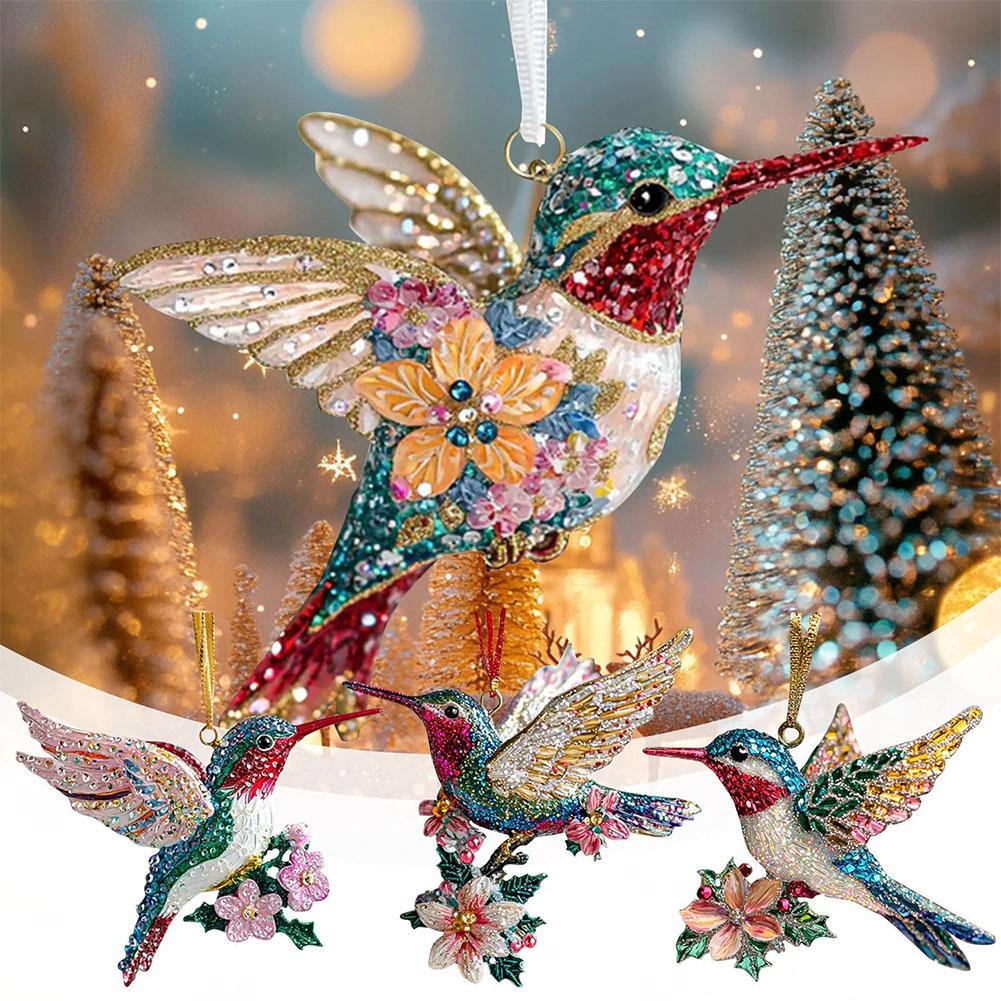 2D Acrylic Hummingbird Ornament Colorful Crystal - Like Bird With Flower For Christmas Tree Hanging Holiday Home Decor Pendant